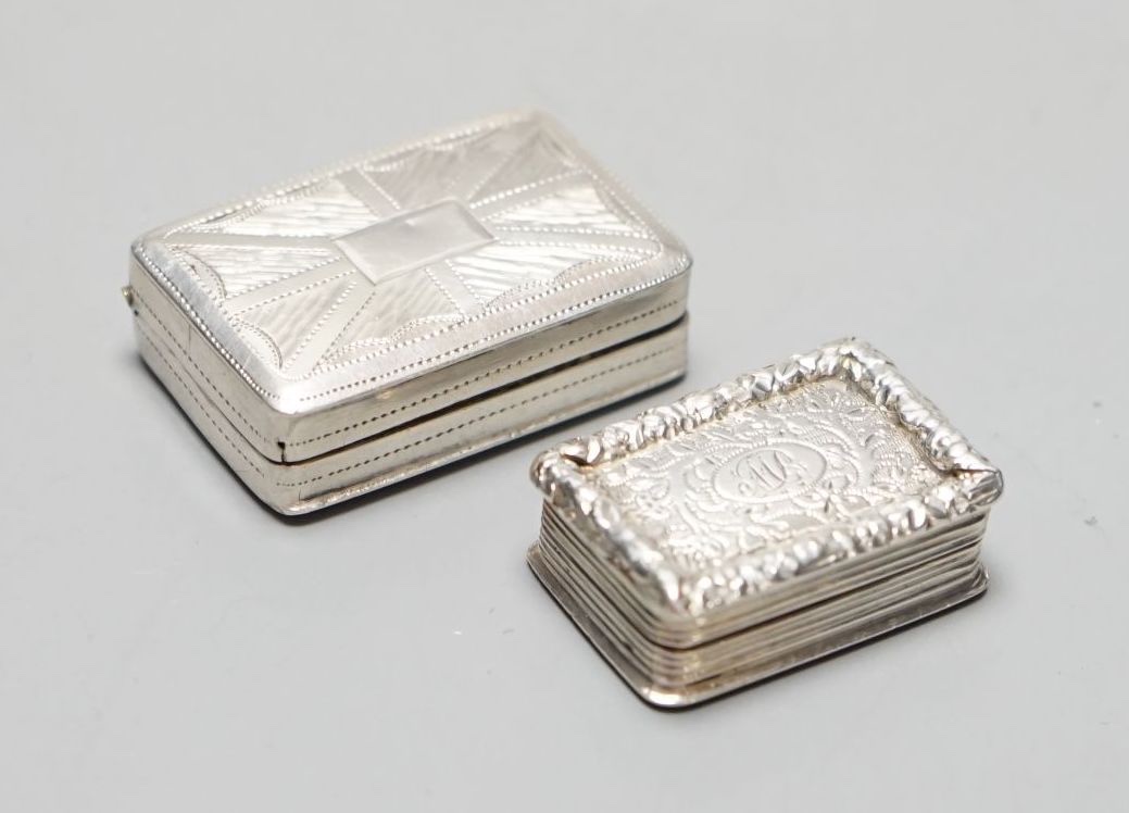 A George IV silver rectangular vinaigrette with Union Jack style decoration, Edward Smith, Birmingham, 1827, 31mm and a later smaller silver vinaigrette, Birmingham, 1835.